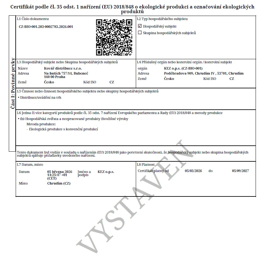 Certifikát o ekologické produkci BIO skotu — Kovář distribuce s.r.o.