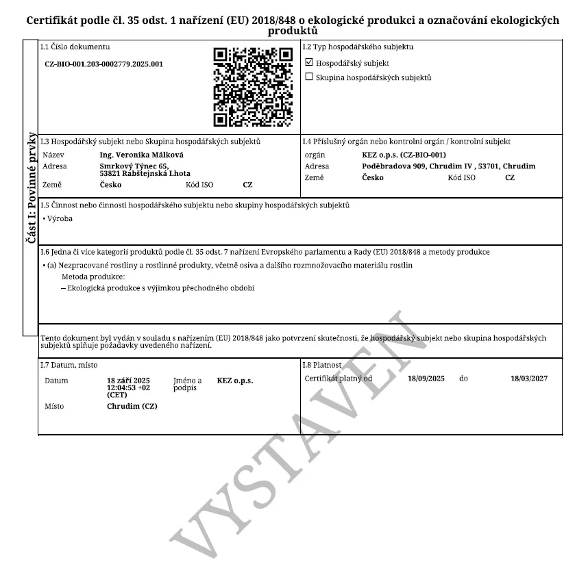Certifikát o ekologické produkci — MALEKeko s.r.o.